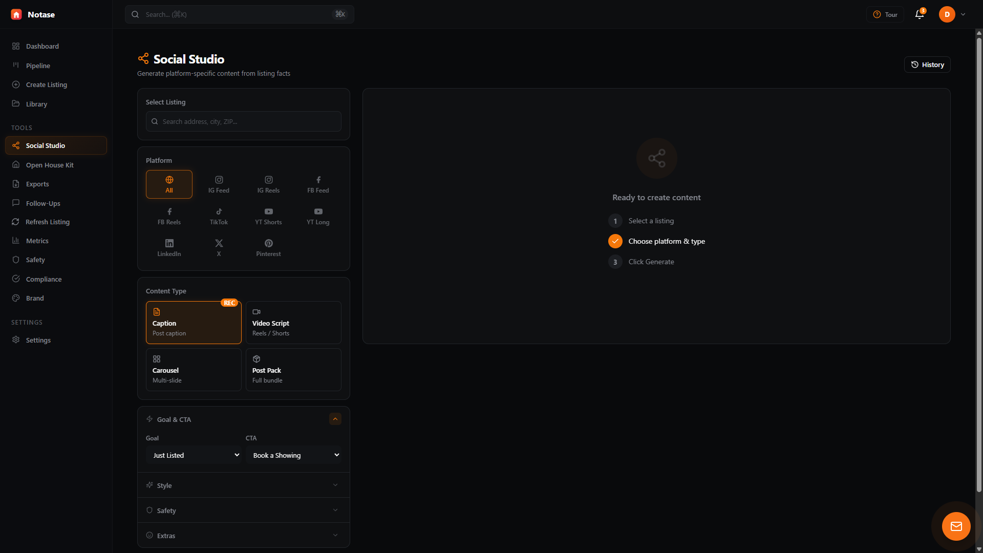 Social Studio with platform selector for Instagram, Facebook, LinkedIn