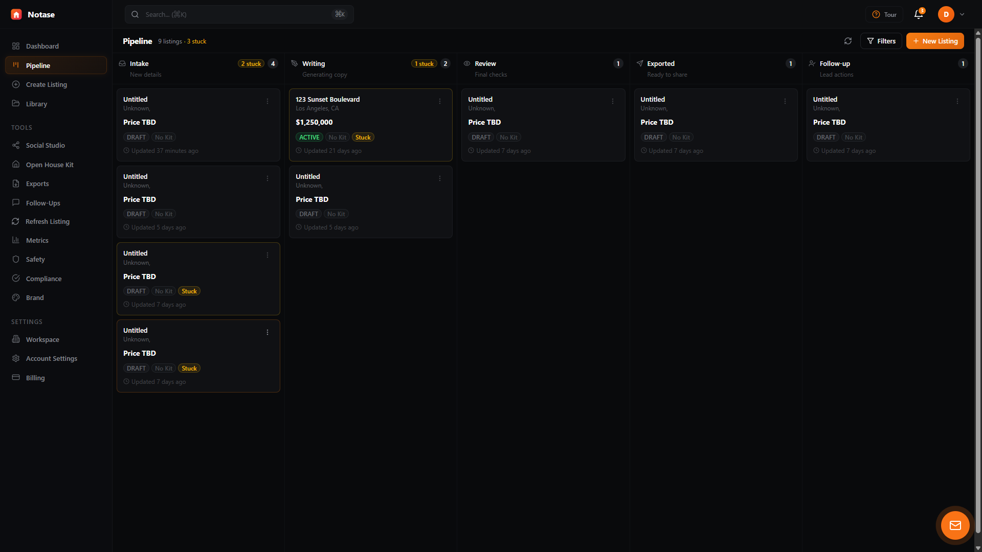 Notase Pipeline Kanban board with listings across stages